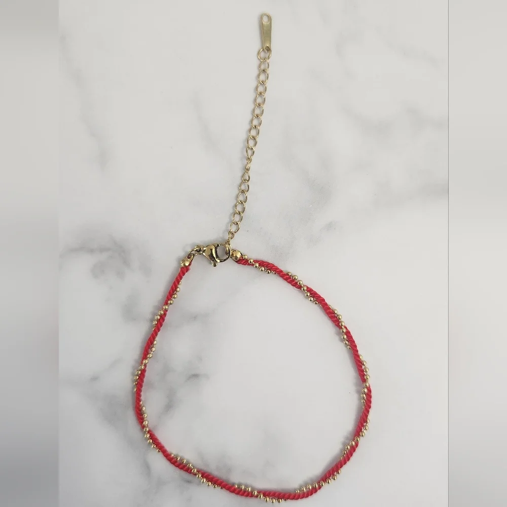 Red Rope String & Gold Beaded Twisted Anklet - Picture 11 of 13